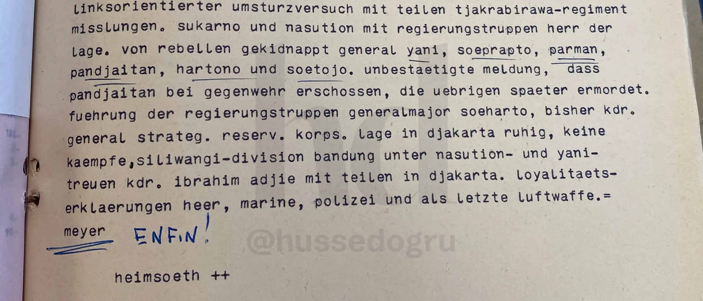 Telex no. 429 from the embassy in Jakarta, 4 October 1965, reporting the failed coup. Below the attaché’s signature ‘meyer’ an official has written by hand ‘ENFIN!’.