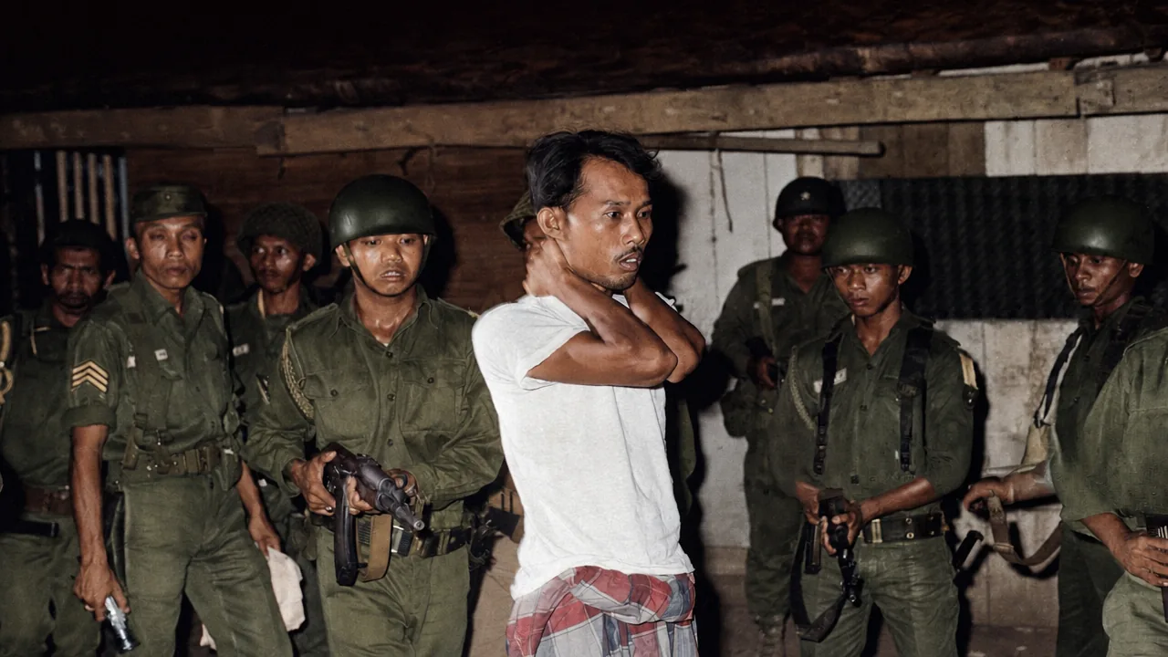Archival photograph, colourised: soldiers surround a prisoner who holds his hands behind his head.